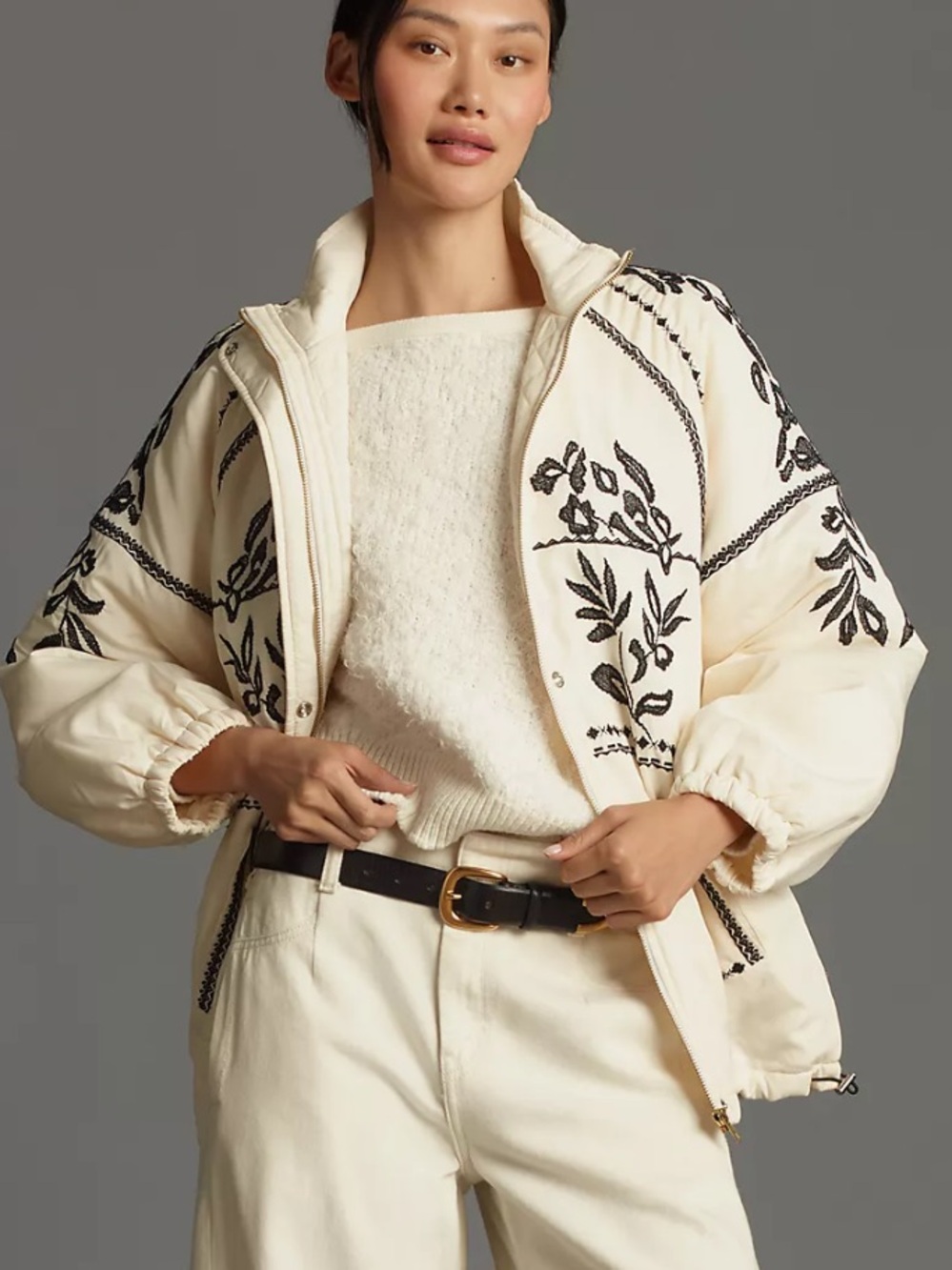 Anthropologie Embroidered Ivory Puffer Jacket
